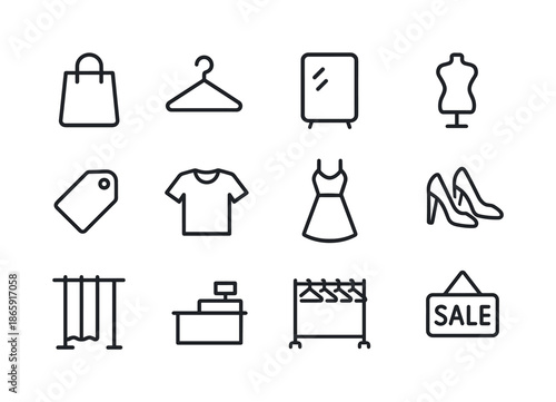 Clothing Store Icons. Clothing Store. Line icon set of Clothing Store: shopping bag, hanger, mirror, mannequin, price tag, shirt, dress, shoes, fitting room,