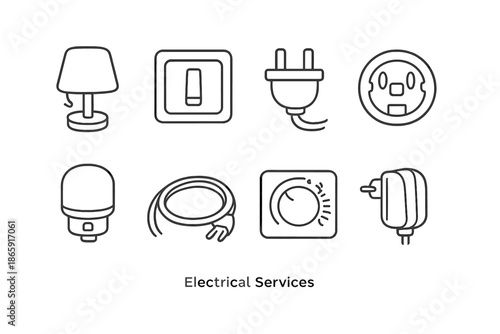 Electrical services icons set with plug, switch, and lamp
