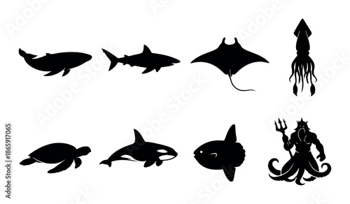 Silhouettes of marine creatures and mythical sea god poseidon silhouettes