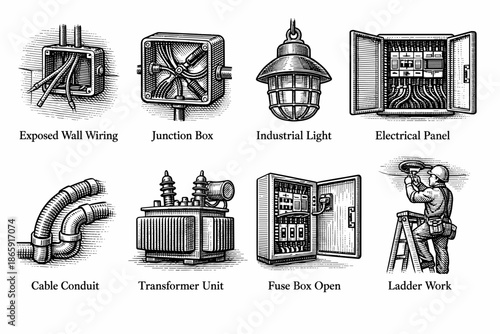 Set of detailed industrial electrical equipment illustrations