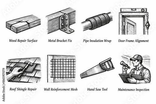Set of construction tools and repair illustrations in black and white