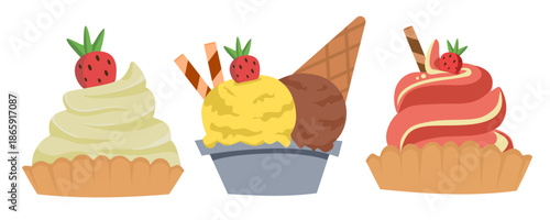 Flat vector illustration of Ice three ice creams in cup with bright colors on white background representing sweetness, dessert and fresh food concept