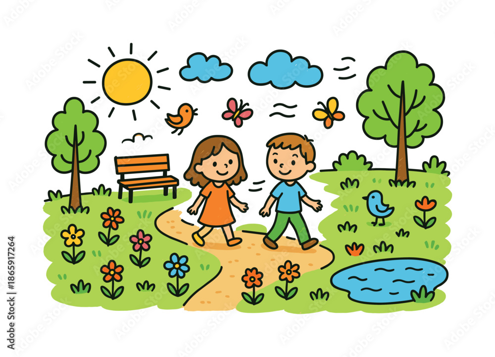 Fototapeta premium Whimsical Walk Scene. Gentle Afternoon Walk. Colorful Hand-drawn doodle Children illustration trees, benches, flowers, birds, breeze lines, grass, sun, clouds,