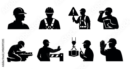 Silhouetted workers in various construction roles