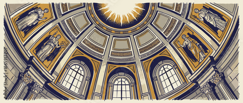 Majestic illustrated dome of a classical building with ornate coffered panels, figures of muses, and arched windows in a dramatic low-angle perspective