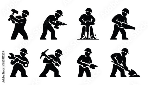 Silhouette icons of construction workers performing various tasks