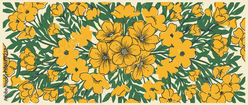 Vintage hand-drawn floral pattern of vibrant yellow flowers and green leaves in a dense, repeating design with a charming retro linocut aesthetic and textured details