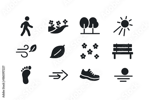 Springtime Icon Collection. Springtime Walks. Solid icon set of Springtime Walks: walking figure, floral path, tree row, sunlight beam, gentle breeze, fallen
