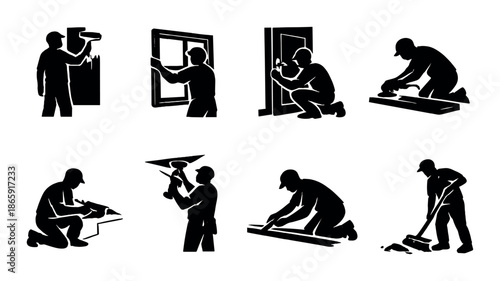 Silhouettes of workers performing various construction and manual labor activities