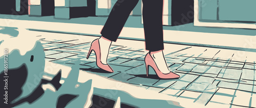 Stylish woman's legs in pink high heels and black trousers walk confidently on a city sidewalk in a graphic, retro illustration with strong shadows and halftone details