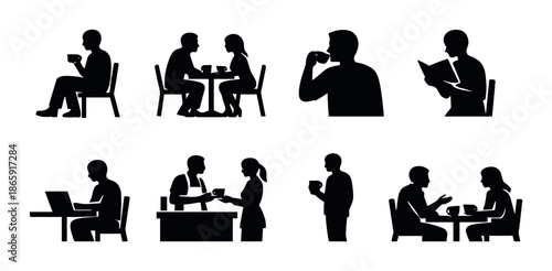 Silhouetted figures engaged in various coffee shop activities