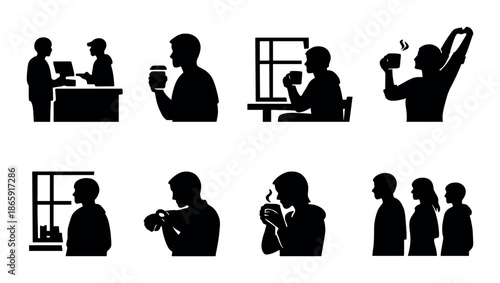 Silhouettes of people enjoying coffee in various settings