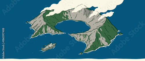 Volcanic crater island illustration with a ship sailing towards the caldera entrance in a deep blue ocean, depicted in a minimalist graphic style with bold outlines and flat colors