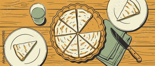 Rustic hand-drawn illustration of a sliced pie on a wooden table with two servings on plates, a knife, and a drink in a cozy top-down view