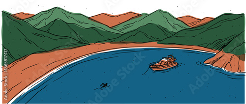 Hand-drawn vector illustration of a secluded bay with a motor yacht anchored in the blue water and a person swimming near the sandy beach with green mountains
