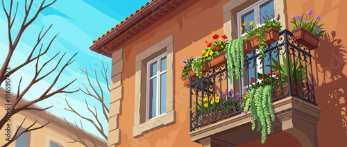 Charming illustrated balcony with ornate ironwork is decorated with colorful blooming flowers in planters on a sunny day, viewed from a low angle with leafless tree branches