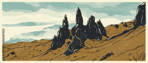 Dark jagged rock pinnacles on a mountain slope in a graphic retro travel poster style with bold lines and a muted color scheme showing a dramatic and scenic natural view