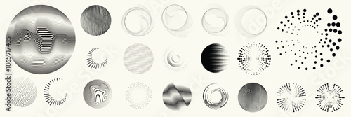 Linear, circular halftone dots circles set, dotted ring and spiral circle shapes for modern design, technology, or motion graphic backgrounds. Dotted round elements, radial spirals, and vortex.
