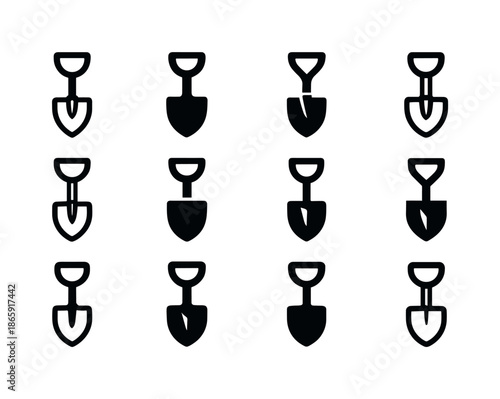 Sandbox Shovel Logos. Sandbox shovel. Icon set. Set Logo of sandbox shovel: mini trowel. harmonious logo variations of the same emblematic concept, each with