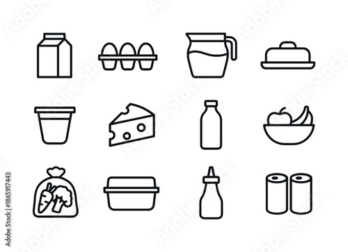 Fridge Essentials Icons. Fridge essentials. Line icon set of Fridge essentials: milk carton, egg carton, water jug, butter dish, yogurt cup, cheese block,