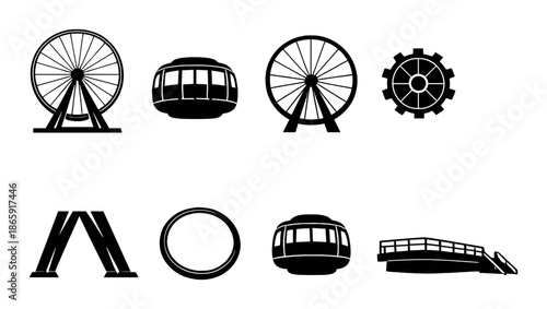 Ferris wheel silhouettes with gondolas and bridge in low light