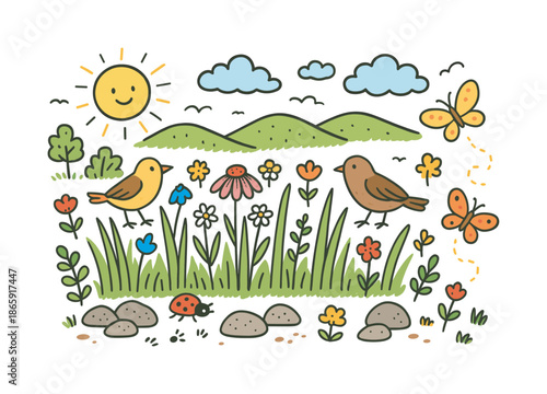 Colorful Prairie Doodle. Prairie. Colorful Hand-drawn doodle Children illustration Prairie tall grass, wildflowers, birds, butterflies, rocks, shrubs, sun,