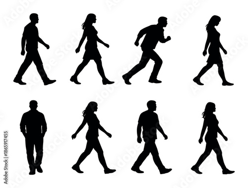 Silhouettes of diverse adults walking and running