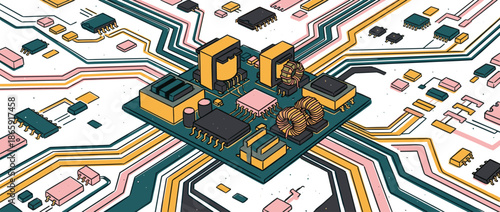 Colorful hand-drawn illustration of a circuit board with microchips and electronic components in a retro isometric perspective showing technological complexity