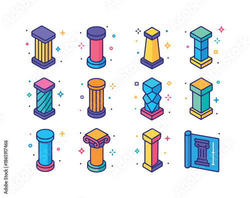 Colorful Column Icons. Column designs. Colorful isometric vector icons set of column designs: fluted column, smooth column, tapered column, segmented pillar,