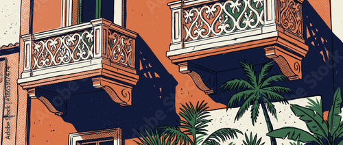 Ornate illustrated balconies on a building facade cast deep shadows in a graphic novel art style with a limited retro color palette and halftone textures