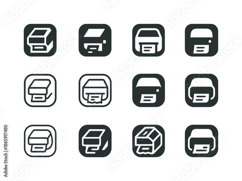 Shipping Printer Icons. Shipping label printer. Icon set. Set Logo of shipping label printer: packing slip icon. harmonious logo variations of the same