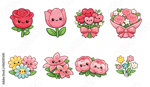 Cute kawaii cartoon flowers with smiling faces in adorable arrangements