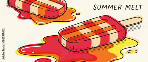 Two colorful striped fruit popsicles on sticks melting into a vibrant puddle in a retro comic book style illustration with halftone dots and bold outlines for a hot summer concept