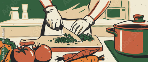 Person's hands in gloves chopping fresh green herbs on a cutting board, a retro-style illustration of home cooking with vegetables and a pot