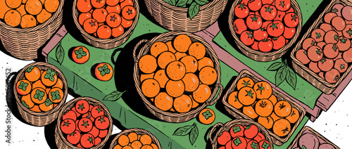 Baskets of fresh oranges tomatoes and persimmons are displayed on a green tablecloth in a vibrant, hand-drawn illustration style with bold outlines and a top-down perspective