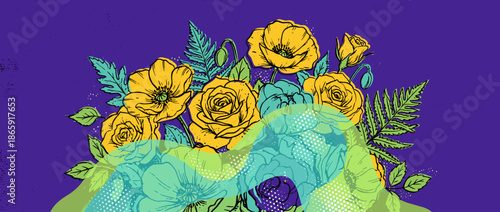 Hand drawn yellow and turquoise flowers illustration featuring roses, poppies, and fern leaves in a vibrant pop art style with bold outlines, halftone dots, and a textured effect