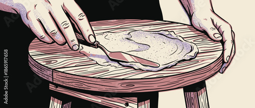 Hands of an artisan spreading wet clay with a palette knife on a wooden pottery wheel in a graphic, retro illustration style showing a creative process