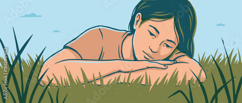 Serene young woman with dark hair peacefully sleeping while lying on her arms in a lush green grass field on a calm summer day, a tranquil and relaxing graphic illustration