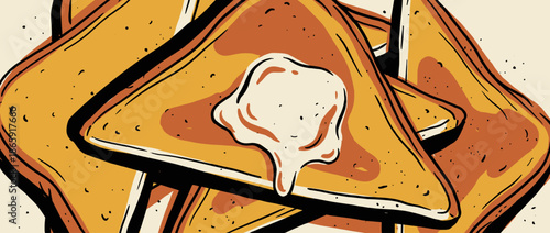 Stylized illustration of delicious French toast with melting butter, depicted in a warm, graphic pop art style with bold black outlines and an appetizing retro color palette