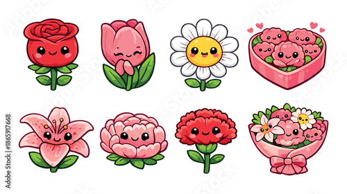 Cute kawaii flower characters with smiling faces and heart bouquet