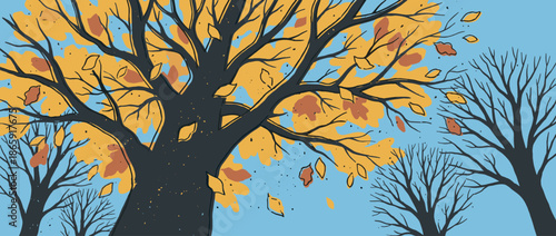 Large stylized autumn tree with yellow and brown leaves on its dark branches sheds its foliage against a clear blue sky in a graphic illustration