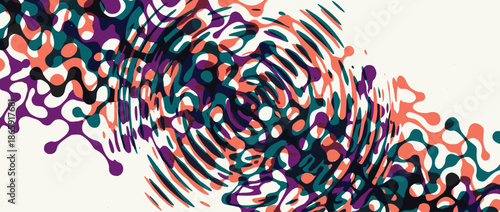 Dynamic retro-style abstract illustration featuring overlapping wavy forms and distorted ripples in a vibrant color palette of purple, teal, and coral for a hypnotic visual effect