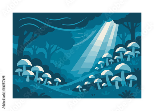 Sunlit Mushroom Slope. Mushroom hillside. Gentle slope covered with clusters; soft wind creating flowing arcs above. Sunbeams slicing through canopy. Modern