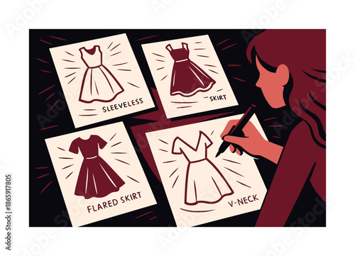 Runway Design Sketches. Runway concepts. A designer outlines silhouettes of dresses on multiple sheets, each sketch glowing with motion lines and style notes.