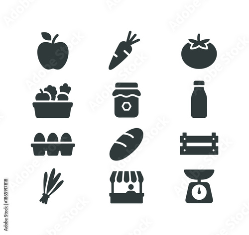 Farmers Market Icons. Farmers Market. Solid icon set of Farmers Market: apple icon, carrot icon, tomato icon, produce basket, honey jar, milk bottle, egg