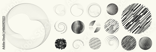 Linear, circular halftone dots circles set, dotted ring and spiral circle shapes for modern design, technology, or motion graphic backgrounds. Dotted round elements, radial spirals, and vortex.
