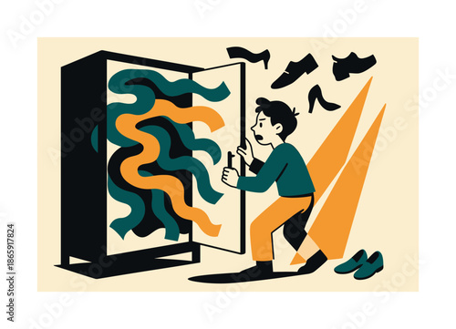 Morning Closet Chaos. Morning rush. Character opening a closet bursting with swirling clothing shapes; shoe silhouettes drifting upward. Light beams