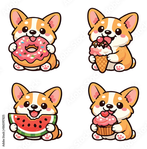 Cute corgi cartoon eating donut ice cream watermelon cupcake