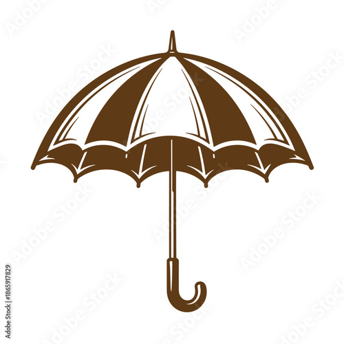 Brown umbrella with white stripes and curved handle on transparent background