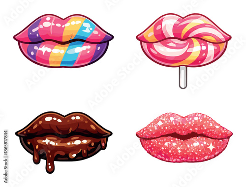 Colorful and creative artistic lip designs featuring candy and chocolate themes